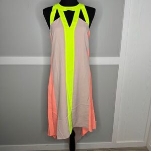 Project Runway Womens Medium Hi-Low Colorblock Dress Neon Tan Geometric